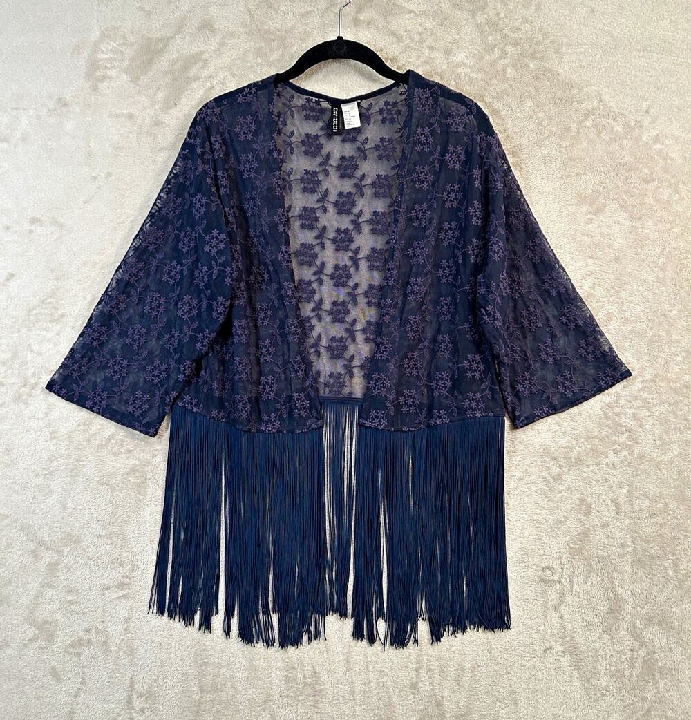 H&M Divided Sheer Floral Embroidered Fringe Open Front Kimono Size M